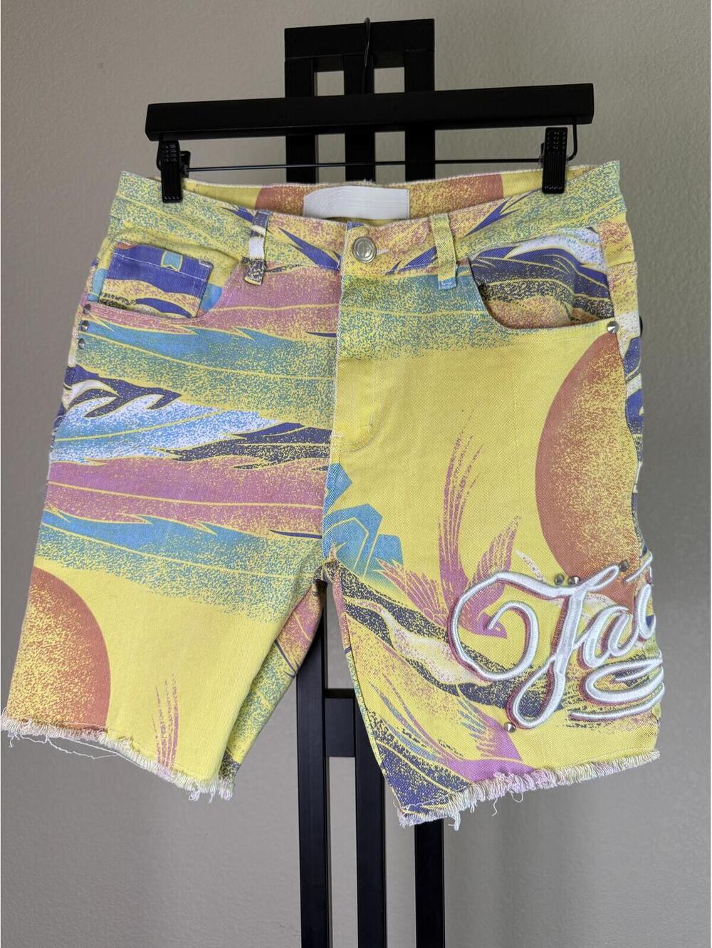 Original Fables Faith Twill Shorts Mens Yellow Frayed Print Jorts 34